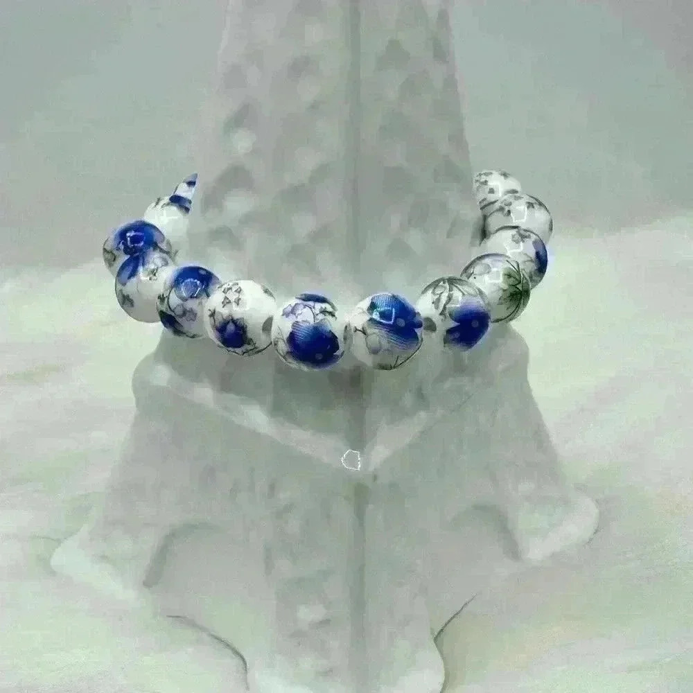 Chinese-Style Ceramic Floral Beaded Stretch Bracelet